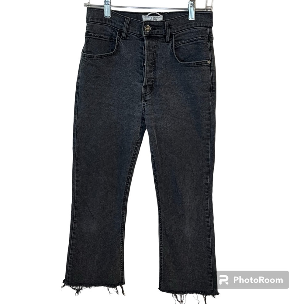 We the Free, Free People Black Raw Hem Crop Flare Button Fly Jeans Size 26